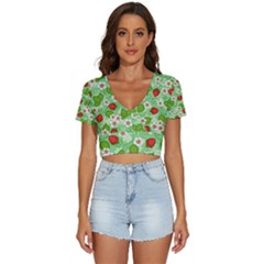 Strawberries Pattern Seamless V-neck Crop Top by Posterlux