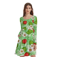 Strawberries Pattern Seamless Long Sleeve Knee Length Skater Dress With Pockets