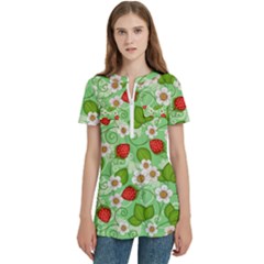 Strawberries Pattern Seamless Women s Zip Front V-neck Short Sleeve Casual Top Pocket Shirt