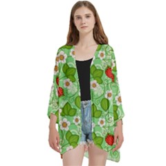 Strawberries Pattern Seamless Open Front 3/4 Sleeve Batwing Chiffon Cardigan Kimono