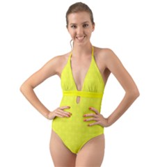 Brite Yellow Diamond Squares Halter Cut-out One Piece Swimsuit