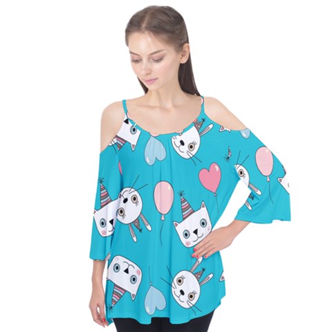 Birtay Cats Bunnies, Koteto Flutter Sleeve T-shirt by kyorashop23