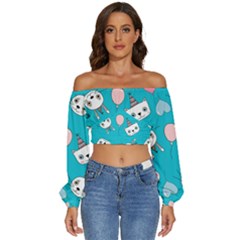 Birtay Cats Bunnies, Koteto Long Sleeve Crinkled Weave Crop Top by kyorashop23