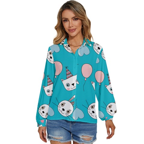 Birtay Cats Bunnies, Koteto Women s Long Sleeve Button Up Shirt by kyorashop23