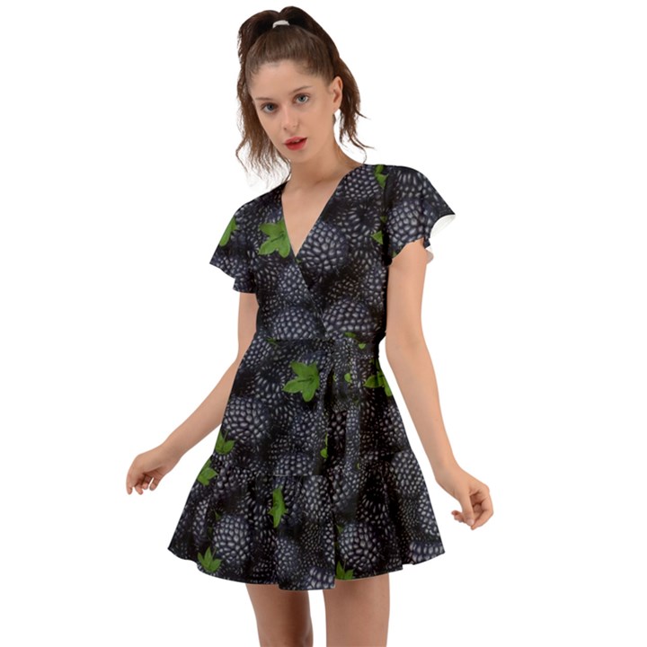 Blackberry Fruit, Fruit Flutter Sleeve Wrap Dress