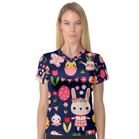 Bunny - Easter Pattern V-neck Sport Mesh T-shirt by kyorashop23