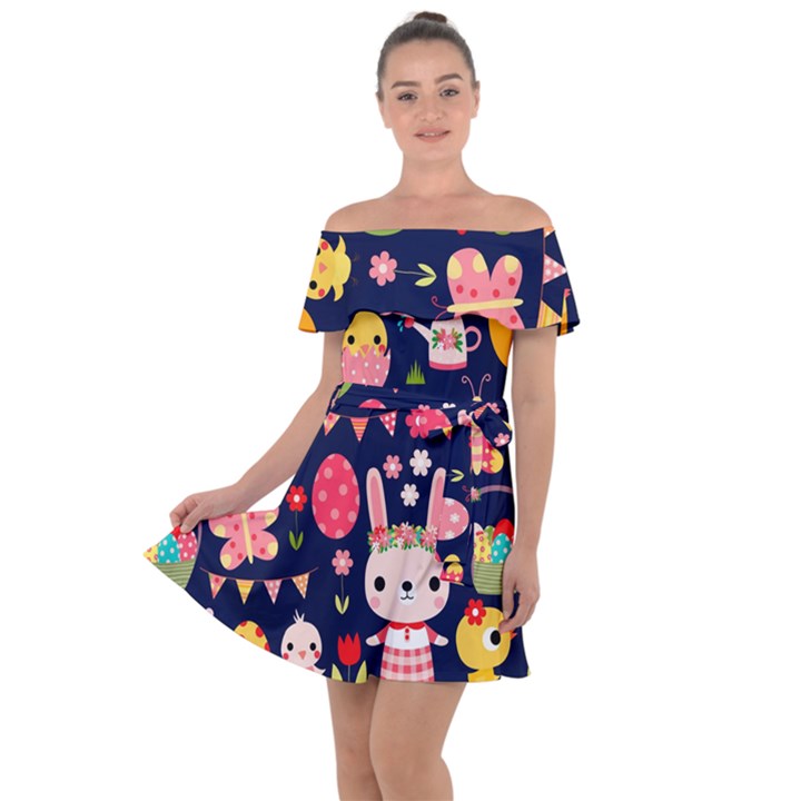 Bunny - Easter Pattern Off Shoulder Velour Dress