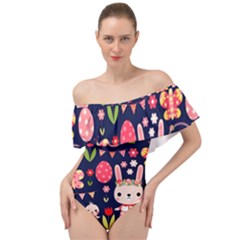 Bunny - Easter Pattern Off Shoulder Velour Bodysuit 