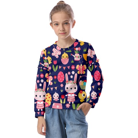 Bunny - Easter Pattern Kids  Long Sleeve T-shirt With Frill  by kyorashop23