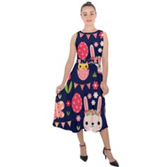 Bunny - Easter Pattern Midi Tie-back Chiffon Dress