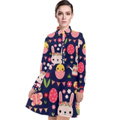 Bunny - Easter Pattern Long Sleeve Chiffon Shirt Dress by kyorashop23