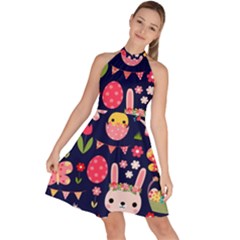 Bunny - Easter Pattern Sleeveless Halter Neck A-line Dress by kyorashop23