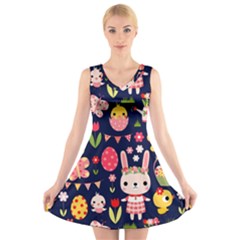 Bunny - Easter Pattern V-neck Sleeveless Dress