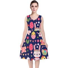 Bunny - Easter Pattern V-neck Midi Sleeveless Dress 