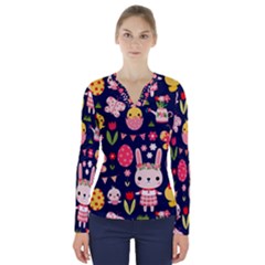 Bunny - Easter Pattern V-neck Long Sleeve Top