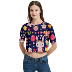 Bunny - Easter Pattern Women s Round Neck Short Sleeve Crop Top