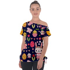 Bunny - Easter Pattern Off Shoulder Tie-up T-shirt