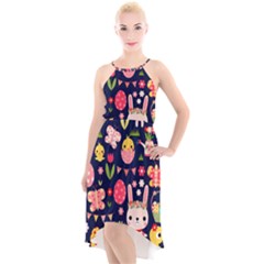 Bunny - Easter Pattern High-low Halter Chiffon Dress 