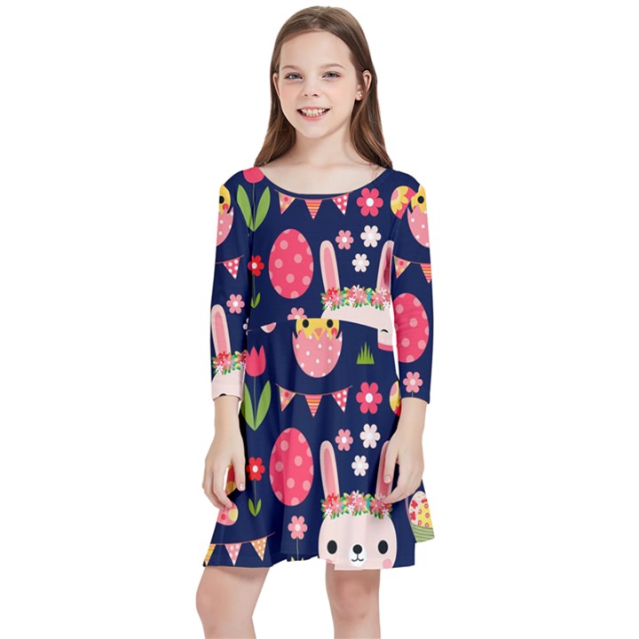 Bunny - Easter Pattern Kids  Quarter Sleeve Skater Dress