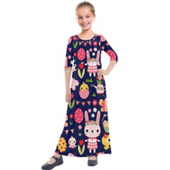 Bunny - Easter Pattern Kids  Quarter Sleeve Maxi Dress