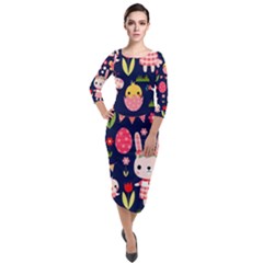 Bunny - Easter Pattern Quarter Sleeve Midi Velour Bodycon Dress