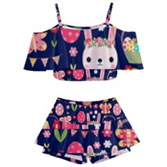 Bunny - Easter Pattern Kids  Off Shoulder Skirt Bikini