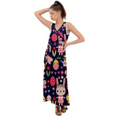 Bunny - Easter Pattern V-neck Chiffon Maxi Dress