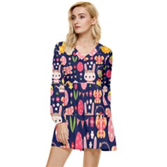 Bunny - Easter Pattern Tiered Long Sleeve Mini Dress