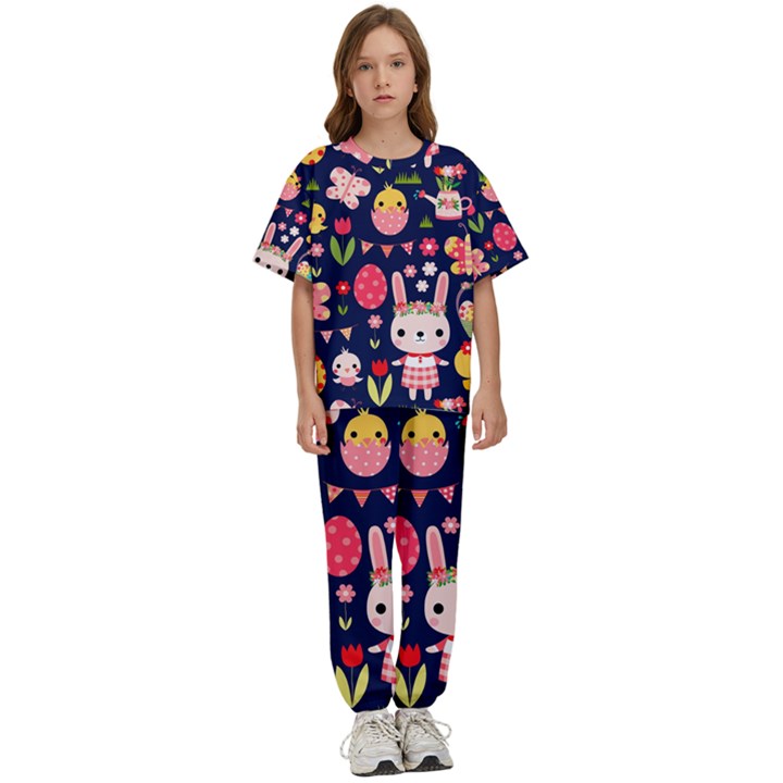 Bunny - Easter Pattern Kids  T-Shirt and Pants Sports Set