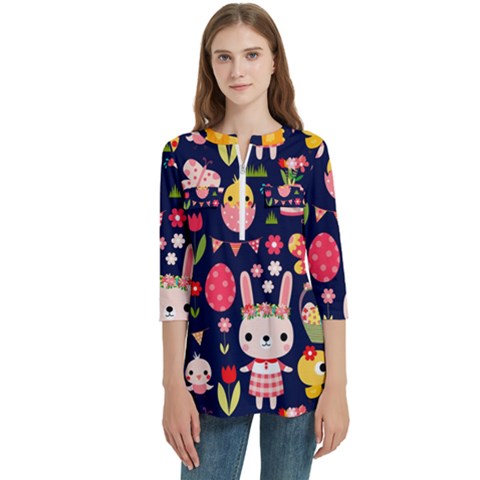 Bunny - Easter Pattern Women s Zip Front V-neck 3/4 Sleeve Casual Top Pocket Shirt by kyorashop23