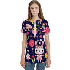 Bunny - Easter Pattern Women s Zip Front V-neck Short Sleeve Casual Top Pocket Shirt