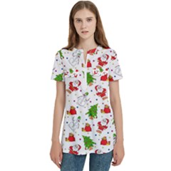 Christmas Pattern, Pattern, Christmas Women s Zip Front V-neck Short Sleeve Casual Top Pocket Shirt