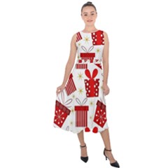 Christmas Texture, Pattern, Red, Craciun, Christmas, Bow, Gift Midi Tie-back Chiffon Dress