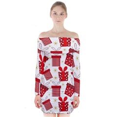 Christmas Texture, Pattern, Red, Craciun, Christmas, Bow, Gift Long Sleeve Off Shoulder Dress