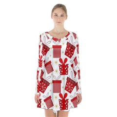 Christmas Texture, Pattern, Red, Craciun, Christmas, Bow, Gift Long Sleeve Velvet V-neck Dress