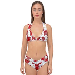 Christmas Texture, Pattern, Red, Craciun, Christmas, Bow, Gift Double Strap Halter Bikini Set