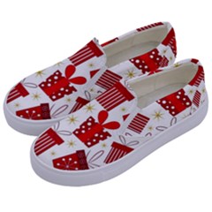 Christmas Texture, Pattern, Red, Craciun, Christmas, Bow, Gift Kids  Canvas Slip Ons by kyorashop23