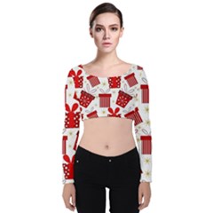 Christmas Texture, Pattern, Red, Craciun, Christmas, Bow, Gift Velvet Long Sleeve Crop Top by kyorashop23