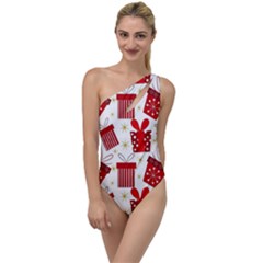 Christmas Texture, Pattern, Red, Craciun, Christmas, Bow, Gift To One Side Swimsuit