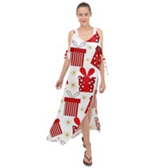 Christmas Texture, Pattern, Red, Craciun, Christmas, Bow, Gift Maxi Chiffon Cover Up Dress