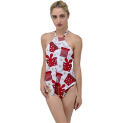 Christmas Texture, Pattern, Red, Craciun, Christmas, Bow, Gift Go With The Flow One Piece Swimsuit by kyorashop23