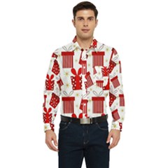 Christmas Texture, Pattern, Red, Craciun, Christmas, Bow, Gift Men s Long Sleeve Pocket Shirt 