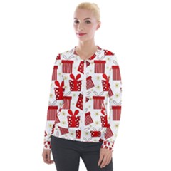 Christmas Texture, Pattern, Red, Craciun, Christmas, Bow, Gift Velvet Zip Up Jacket