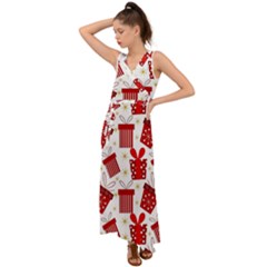 Christmas Texture, Pattern, Red, Craciun, Christmas, Bow, Gift V-neck Chiffon Maxi Dress