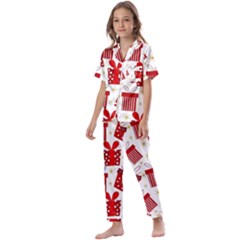 Christmas Texture, Pattern, Red, Craciun, Christmas, Bow, Gift Kids  Satin Short Sleeve Pajamas Set