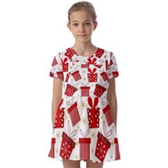 Christmas Texture, Pattern, Red, Craciun, Christmas, Bow, Gift Kids  Short Sleeve Pinafore Style Dress