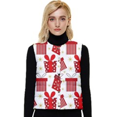 Christmas Texture, Pattern, Red, Craciun, Christmas, Bow, Gift Women s Button Up Puffer Vest