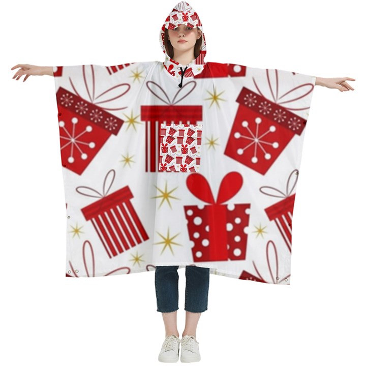 Christmas Texture, Pattern, Red, Craciun, Christmas, Bow, Gift Women s Hooded Rain Ponchos