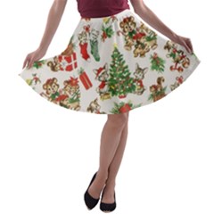 Christmas Texture, Pattern, Red, Tree, Craciun, Green, Christmas A-line Skater Skirt by kyorashop23