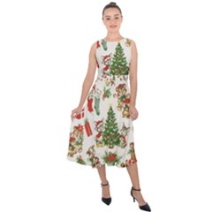 Christmas Texture, Pattern, Red, Tree, Craciun, Green, Christmas Midi Tie-back Chiffon Dress